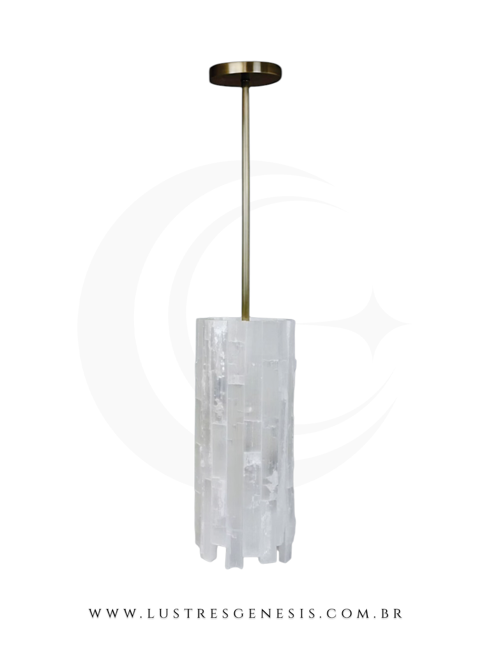 Pendente de teto cilíndrico, com difusor em pedras naturais brancas e acabamento metálico bronze.
